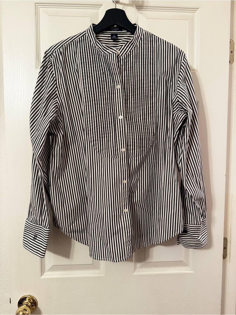 Chaps Women XL Black White Stripe Band Collar Bib Front Tuxedo Button Down Shirt